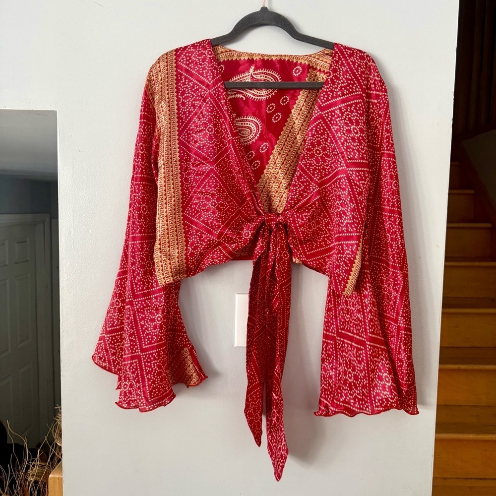 Vintage 100% Silk Sari Wrap Top ✦ Red Whimsigoth Bell Sleeve Boho One-of-a-Kind